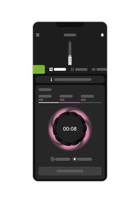 Interfaccia dello smartphone in modalità scura; presenta un timer circolare con un contorno rosa luminoso, un'immagine verticale del prodotto e diverse icone di controllo.