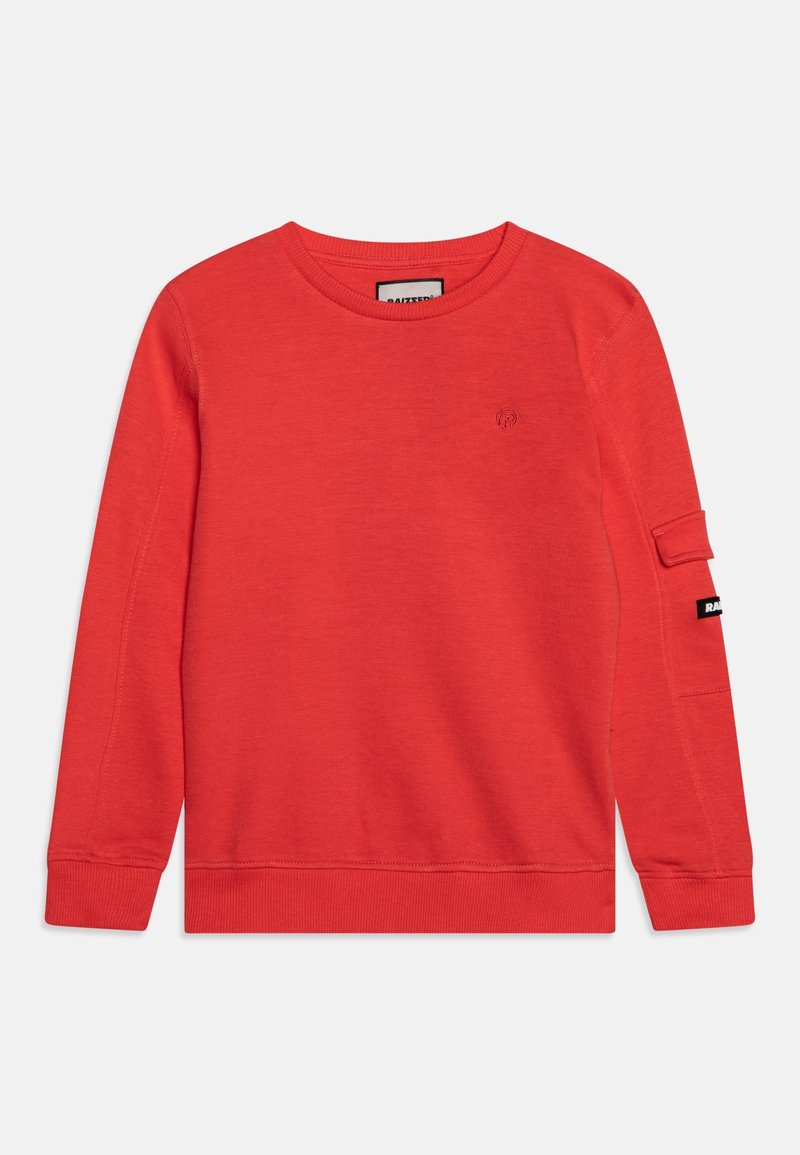 Sweat-shirt rouge en coton doux, avec manches longues, col et poignets côtelés, et un petit logo sur la poitrine. Comprend une poche latérale.