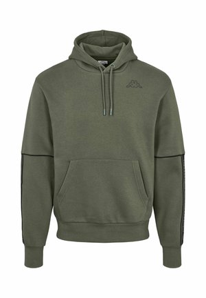 Sweat à capuche vert olive avec poche kangourou à l'avant, cordons, poignets et ourlet côtelés, et petit logo sur la poitrine gauche.