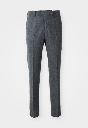 Pantalons en laine gris avec une coupe slim, un devant plat et deux poches latérales. Ils ont une texture lisse et un motif de tissage subtil.