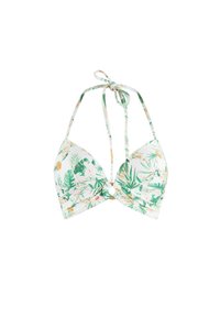 Bikini-Oberteil mit dreieckiger Form, das grüne Palmblatt- und Blumenmuster auf weißem Hintergrund zeigt. Bindegurte im Nacken und am Rücken.