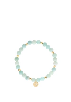 Stretch bracelet with round light blue beads and small gold spacer beads, featuring a small round gold charm pendant.
