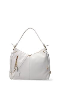 Witte leren handtas met een zachte textuur, een ritssluiting en gouden hardwareaccenten. Het beschikt over een afneembare schouderriem en een zijrits.