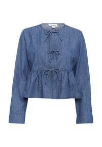 Blå denimblus med lång ärm, rund halsringning, tre knutna rosetter fram och midja i peplum-stil.