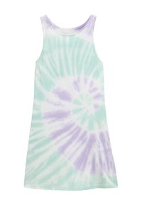 Haljina bez rukava s tie-dye uzorkom koja se ističe pastelnim bojama mente zelene i lavande, s spiralnim uzorkom i mekanim, laganim materijalom.
