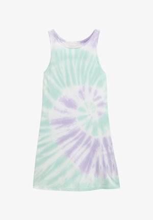 Sukienka na ramiączkach w technice tie-dye, z pastelową paletą kolorów miętowej zieleni i lawendy, z wzorem spiralnym oraz delikatnym, lekkim materiałem.