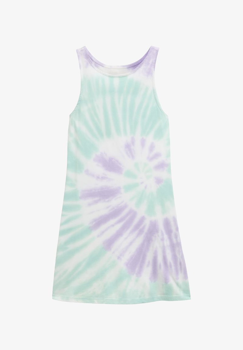 Tie-dye linneklänning med en pastellfärgad palett av mintgrön och lavendel, med ett spiral mönster och mjukt, lättviktigt tyg.