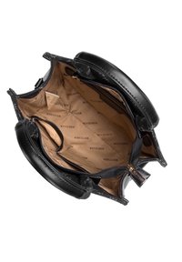 Borsa in pelle nera con manici doppi, chiusura con zip e fodera interna beige con un motivo ripetuto del logo "WITTHCEN".