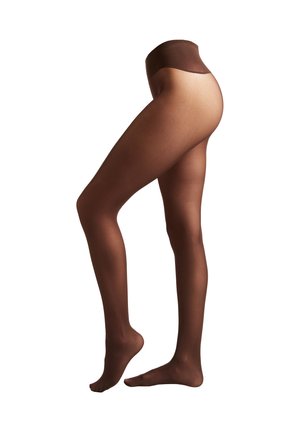 Sheer brown tights with a matte finish, featuring a smooth waistband and a gradual transition from opaque to sheer at the foot.