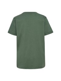 Grøn bomulds T-shirt med korte ærmer, rund halsudskæring og en glat tekstur. Ingen synlige mønstre eller grafik. Vist fra bagenden.