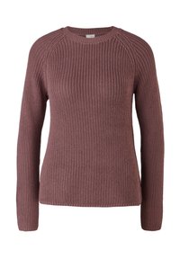 Sweter dziany w odcieniu mauve, z długimi rękawami, okrągłym dekoltem i teksturowanym prążkowaniem. Brak widocznych wzorów lub detali sprzętowych.