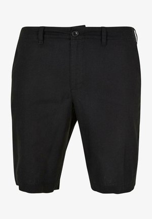 Pantaloni corti neri realizzati in tessuto leggero, dotati di chiusura con bottone, tasche laterali e un taglio dritto con orlo pulito.