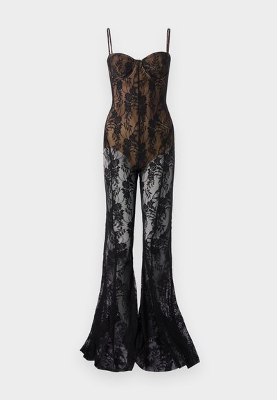 Body din dantelă cu un design floral negru, ajustat, având bretele subțiri, decolteu în formă de inimă și picioare evazate cu un finisaj transparent.