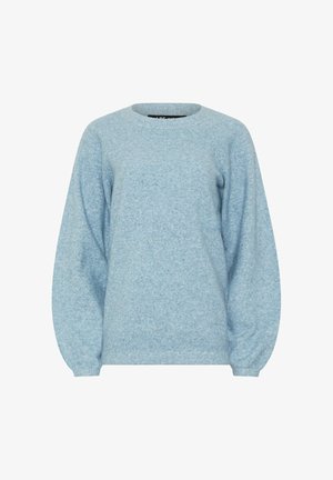 Hellblauer Pullover mit Rundhalsausschnitt und langen Ärmeln, weiche Textur, mit gerippten Bündchen und Saum, auf weißem Hintergrund dargestellt.