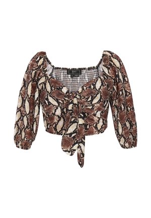Brązowa i beżowa żakardowa bluzka w print wężowy, krótka, z bufiastymi długimi rękawami i detalem w postaci wiązania z przodu.