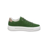 Green suede low-top sneaker with beige heel tab, black laces, and thick white rubber sole facing right.