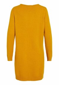 Gul stickad klänning, med långa ärmar, rund halsringning och ribbade manschetter och nederkant. Slät struktur med en enhetlig färg.