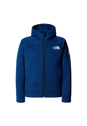 Navy blue zip-up hoodie with a hood, made from soft fabric. Features ribbed cuffs, side pockets, and white logo details on the chest and sleeve.