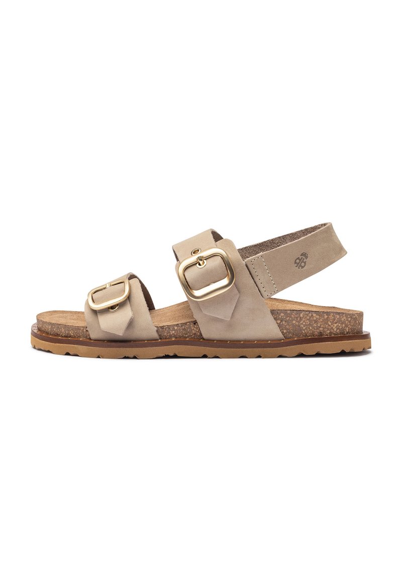 Sandalias de ante beige con dos hebillas ajustables, plantilla de corcho, suela de goma texturizada y un diseño plano para mayor comodidad.