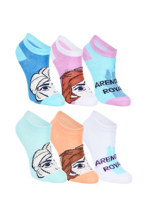 Sechs bunte Knöchelsocken mit Cartoon-Gesichtern und dem Text "Arendelle Royal" in Blau-, Pink-, Orange-, Weiß- und Lilatönen.