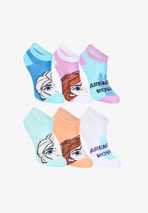 Six chaussettes basses colorées arborant des visages de dessins animés et le texte "Arendelle Royal" en tons bleus, roses, orange, blancs et violets.