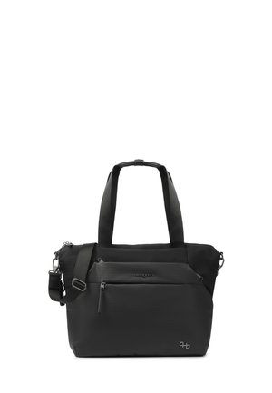 Sac cabas noir avec doubles poignées et bandoulière réglable, poche avant zippée et logo argenté en bas à droite.