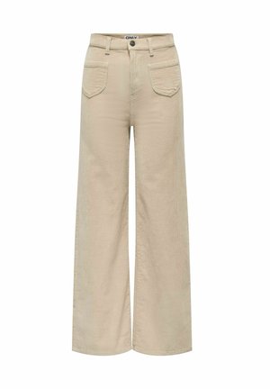 Pantalon beige en velours côtelé à jambes larges avec poches plaquées sur le devant, passants pour ceinture, fermeture à boutons et taille haute.