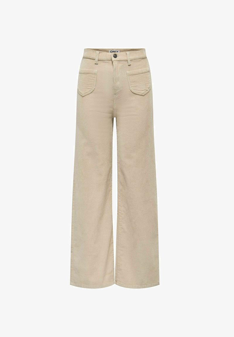 Pantalon beige en velours côtelé à jambes larges avec poches plaquées sur le devant, passants pour ceinture, fermeture à boutons et taille haute.