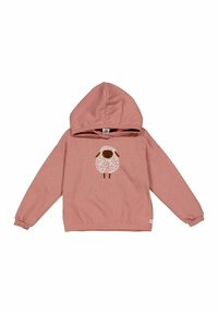 Felpa rosa realizzata in morbido tessuto, con una grafica di pecora bianca e marrone, maniche lunghe e cappuccio a contrasto.