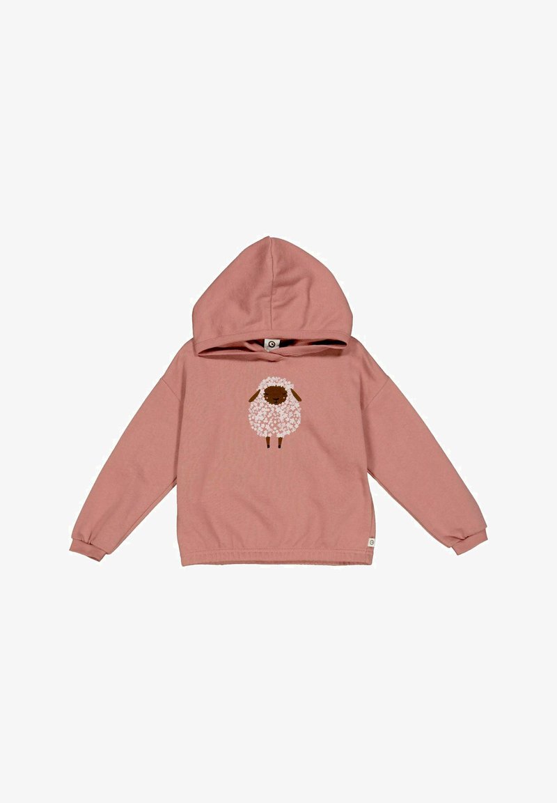 Felpa rosa realizzata in morbido tessuto, con una grafica di pecora bianca e marrone, maniche lunghe e cappuccio a contrasto.