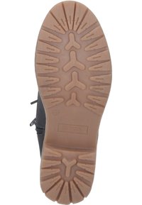 Semelle noire de chaussure avec une semelle beige texturée présentant un motif de crampon et le logo "rieker", taille 37 visible près de la zone du talon.