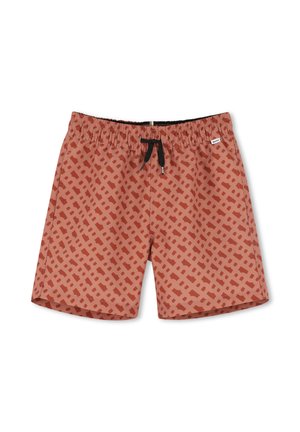 Shorts de bain pour homme de couleur rouille avec un motif géométrique dans des teintes plus sombres. Dotés d'une taille élastique avec un cordon de serrage noir et une étiquette de marque.