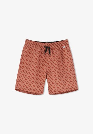 Shorts de bain pour homme de couleur rouille avec un motif géométrique dans des teintes plus sombres. Dotés d'une taille élastique avec un cordon de serrage noir et une étiquette de marque.