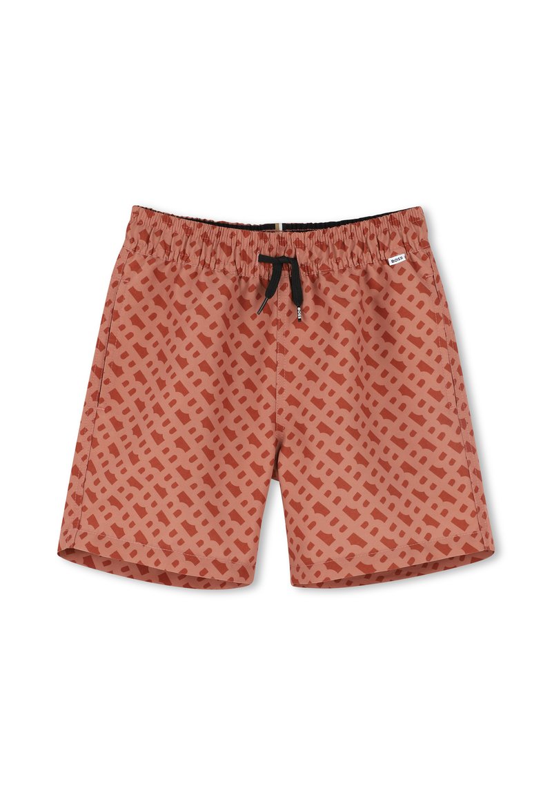 Shorts de bain pour homme de couleur rouille avec un motif géométrique dans des teintes plus sombres. Dotés d'une taille élastique avec un cordon de serrage noir et une étiquette de marque.