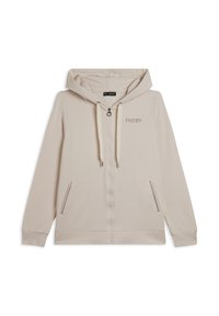 Felpa con zip beige, dotata di cappuccio con cordino, tasche laterali con zip e logo "FREDDY" in una finitura metallica sottile sul petto. Tessuto morbido.