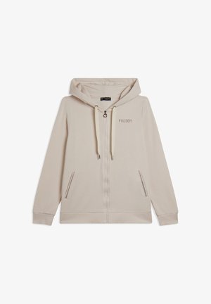 Felpa con zip beige, dotata di cappuccio con cordino, tasche laterali con zip e logo "FREDDY" in una finitura metallica sottile sul petto. Tessuto morbido.