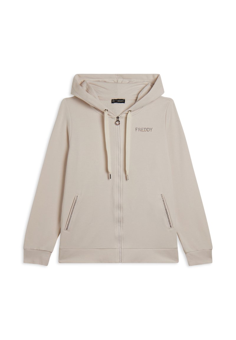 Felpa con zip beige, dotata di cappuccio con cordino, tasche laterali con zip e logo "FREDDY" in una finitura metallica sottile sul petto. Tessuto morbido.