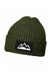 Olive green knitted beanie with ribbed texture, featuring a sewn black label with a white mountain graphic on the front.