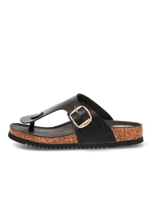 Sandalia tipo tanga negra con plantillas de corcho, tira con hebilla dorada ajustable y suela negra texturizada, adecuada para uso informal.