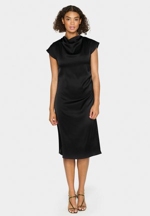 Black satin dress with a cowl neckline, cap sleeves, and side slits, featuring a fitted silhouette that falls just below the knee.