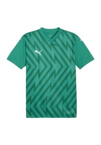 Groene voetbalshirt met een v-hals ontwerp, voorzien van een zigzagpatroon in donkerdere groene tinten. Puma-logo in het wit op de voorkant en de mouwen.