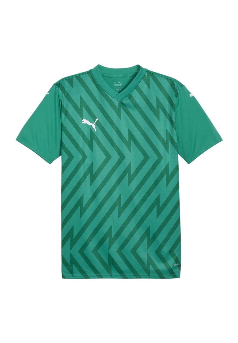 Groene voetbalshirt met een v-hals ontwerp, voorzien van een zigzagpatroon in donkerdere groene tinten. Puma-logo in het wit op de voorkant en de mouwen.