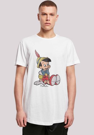 White cotton t-shirt featuring Pinocchio illustration, colorful design with blue and yellow accents, and text "Pinocchio" at the bottom.