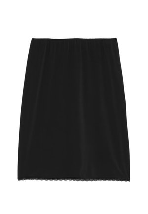 Black skirt with an elastic waistband, smooth texture, knee-length, and a scalloped lace hem detail at the bottom. No additional embellishments.