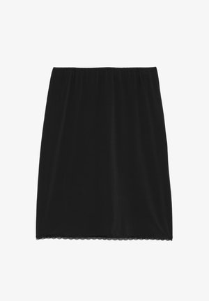 Black skirt with an elastic waistband, smooth texture, knee-length, and a scalloped lace hem detail at the bottom. No additional embellishments.