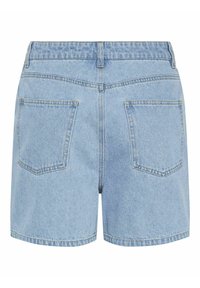 Světle modré džíny šortky s rovnými nohavicemi, s vysokým pasem a dvěma zadními kapsami. Dokončeno kontrastním prošíváním.