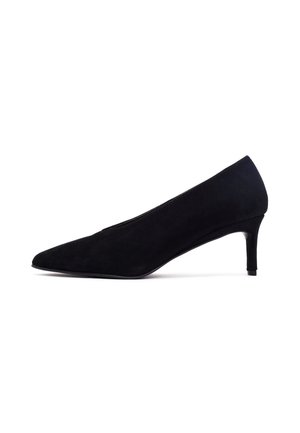 Black suede high-heel shoe with a pointed toe and a slim, low heel. Smooth texture with minimal stitching and no visible accents.