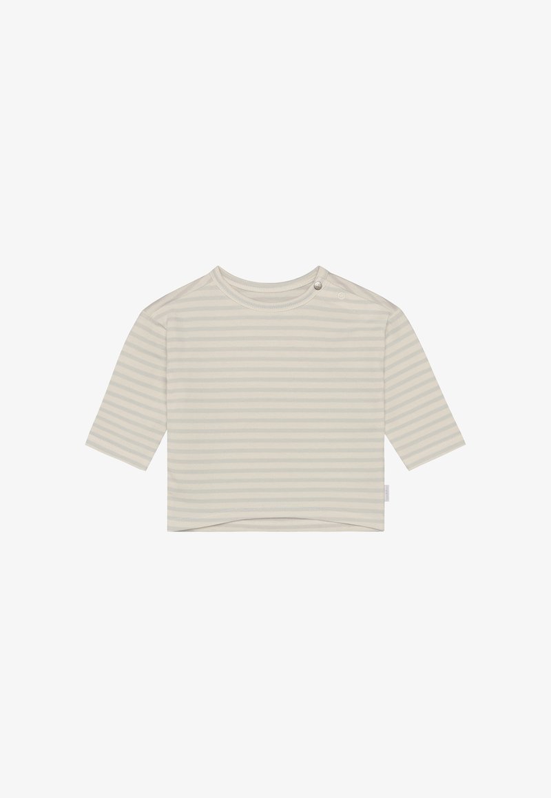 Light-colored, short-sleeved shirt featuring horizontal stripes in pale tones, with a rounded neckline and snap closure on one shoulder.