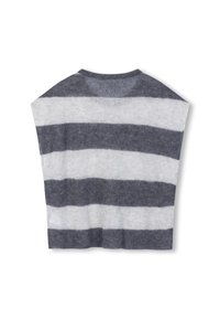 Maglione a righe grigio e crema, texture morbida, maniche ampie, scollatura rotonda, design a vita corta sul retro, realizzato in tessuto misto.
