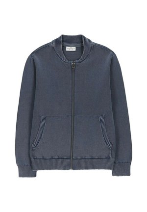 Ciemnoszary, dziergany sweter na zamek z prążkowanym kołnierzem, mankietami, krawędzią i dwoma przednimi kieszeniami.